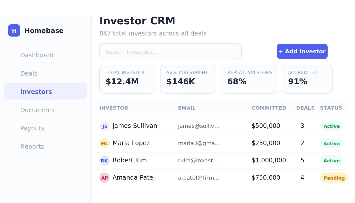 Investor commitment tracking and e-signature management in Homebase