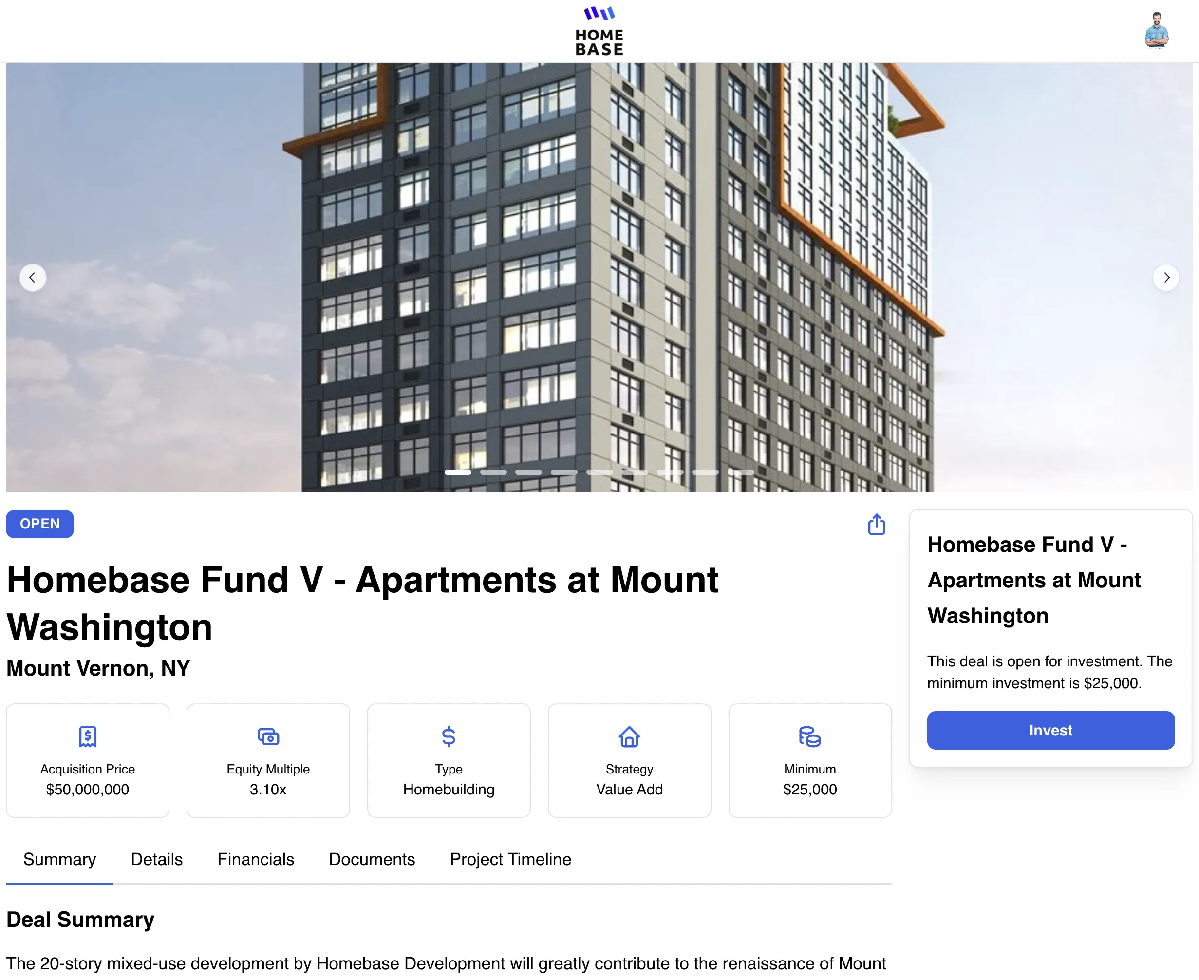 Branded deal room page for real estate syndication fundraising on Homebase