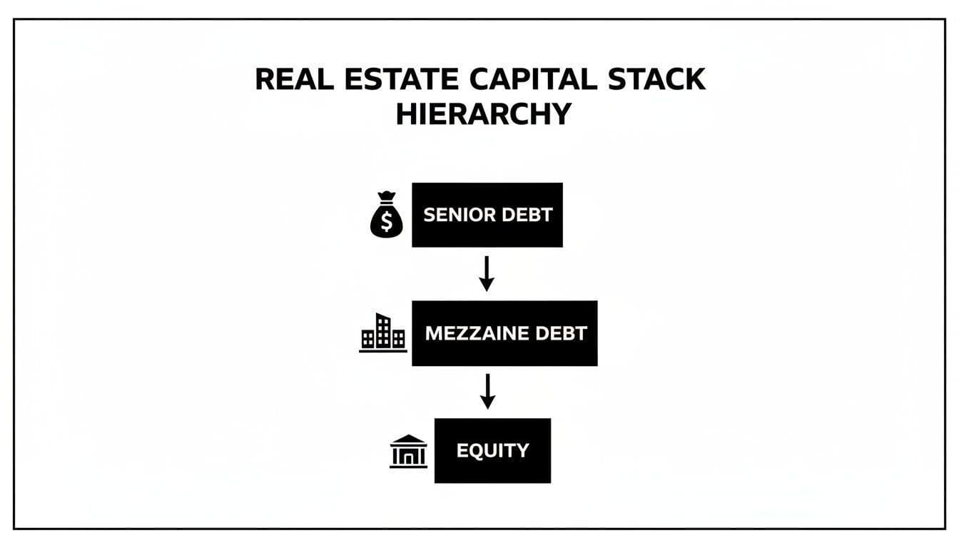 A hierarchy diagram showing the real estate capital stack: Senior Debt, Mezzanine Debt, and Equity.