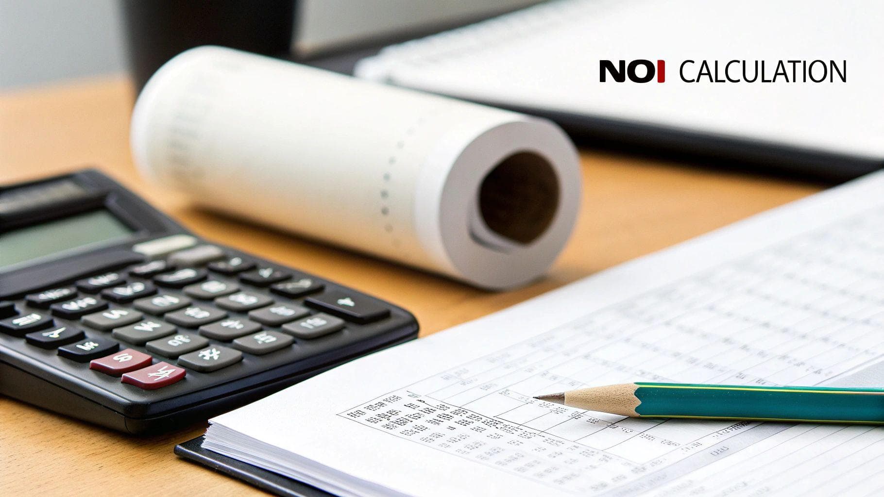 A person using a calculator with financial documents and a property model, illustrating the calculation of NOI in real estate.