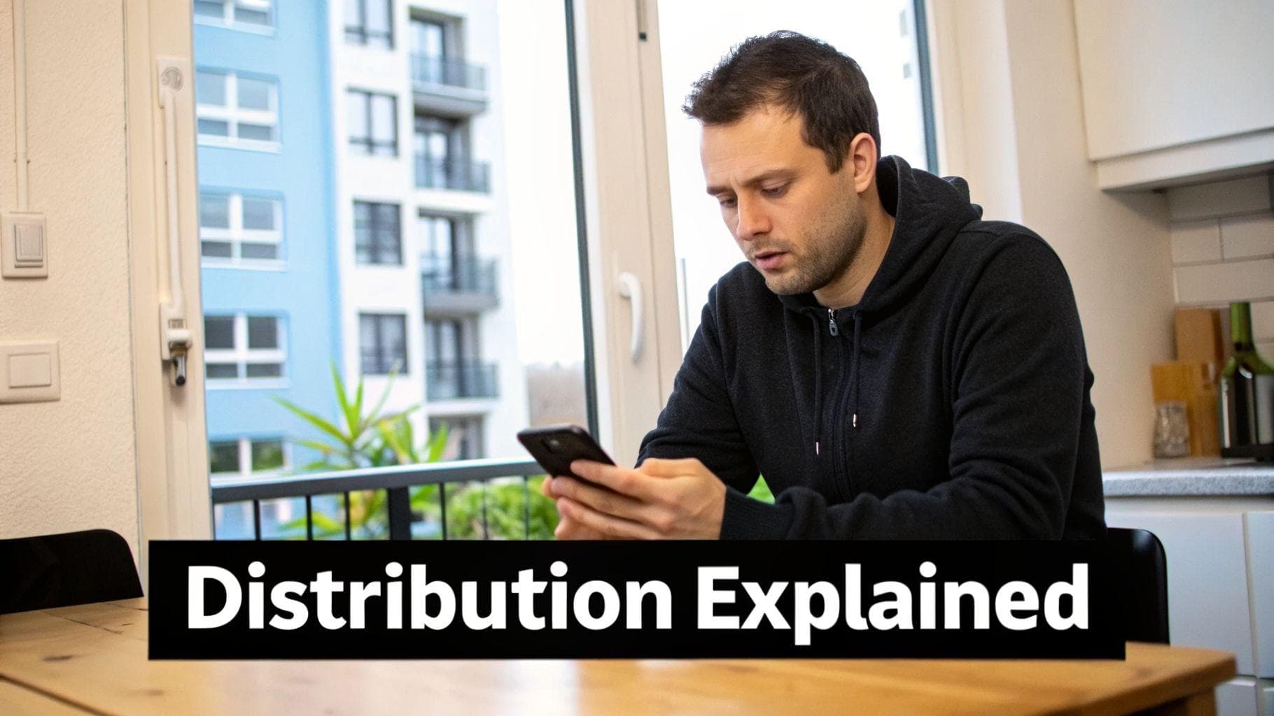 A focused man in a black hoodie uses his smartphone at a table, with an apartment building visible outside the window.