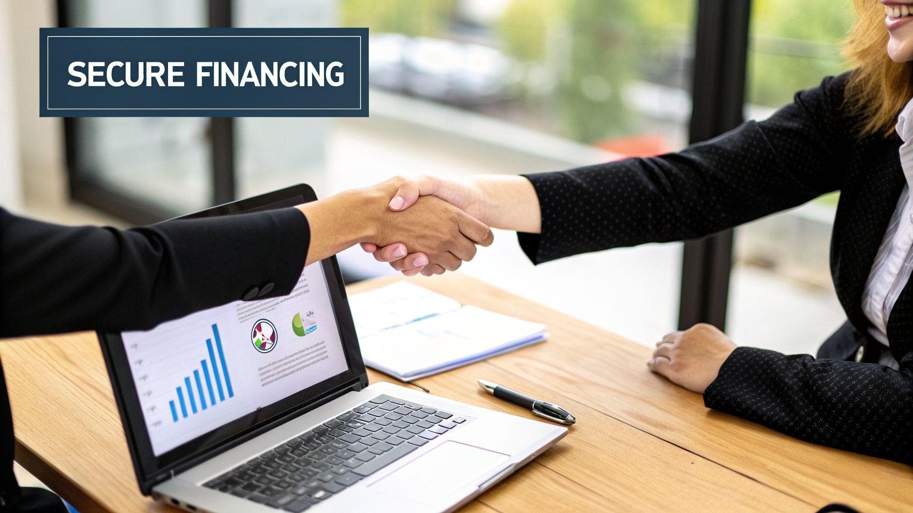 Two business professionals shaking hands over a laptop displaying financial charts and documents.