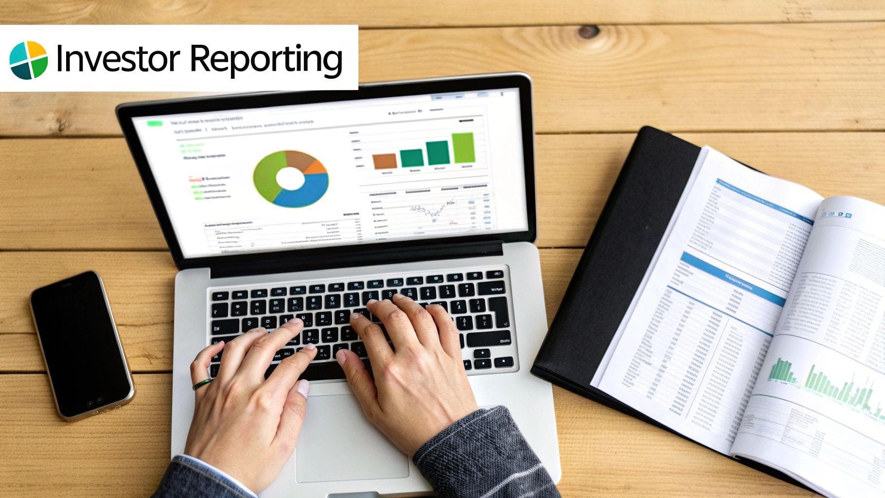 Overhead view of hands typing on a laptop displaying investor reports and charts, with a financial report and phone on a wooden desk.