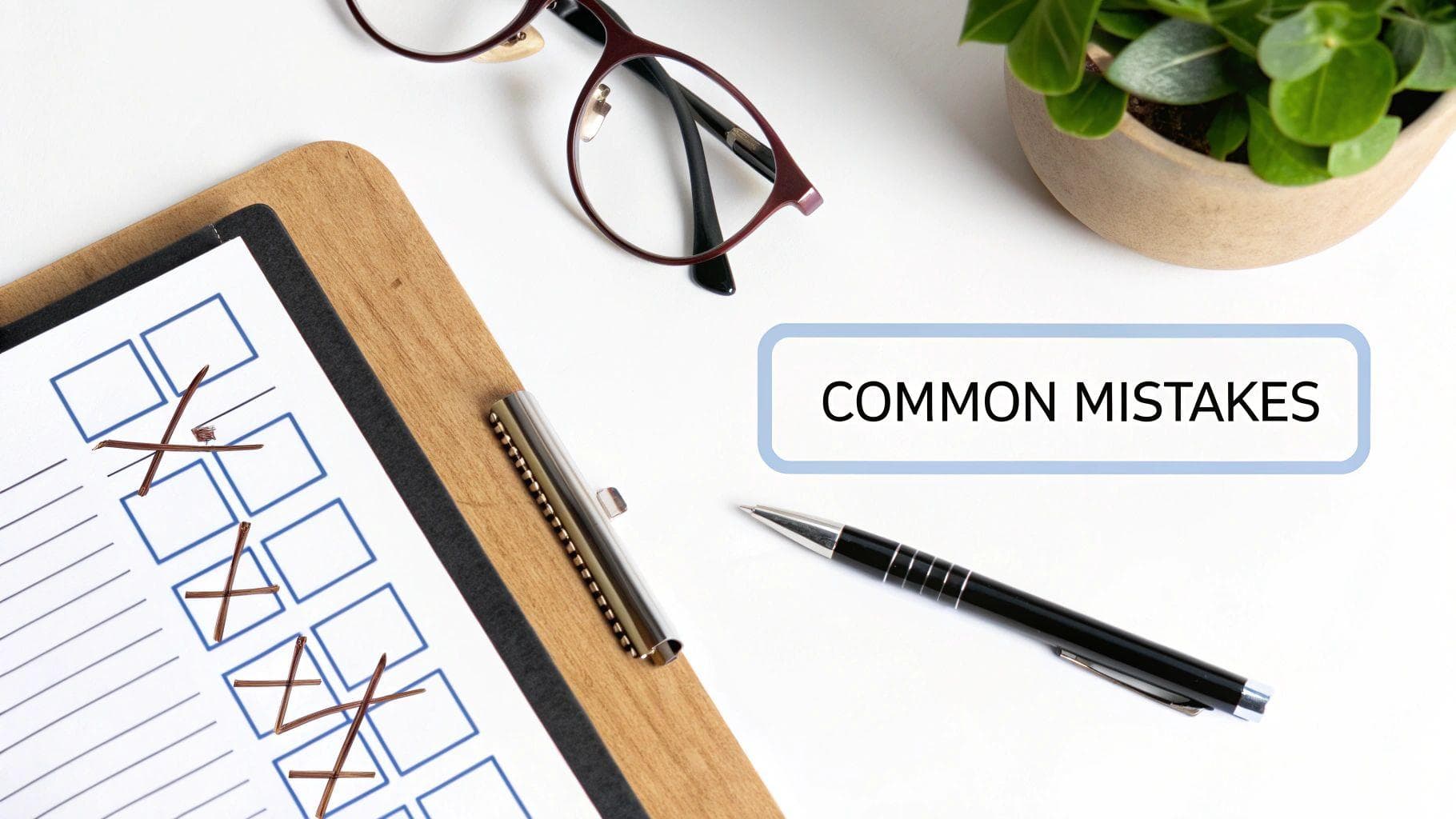 A clipboard with a checklist showing 'X' marks for mistakes, alongside text 'COMMON MISTAKES'.