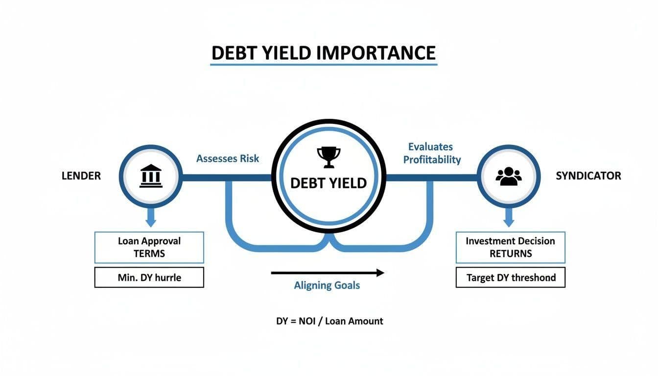 Diagram illustrating the importance of debt yield for lenders and syndicators in financial decision-making, including its calculation.