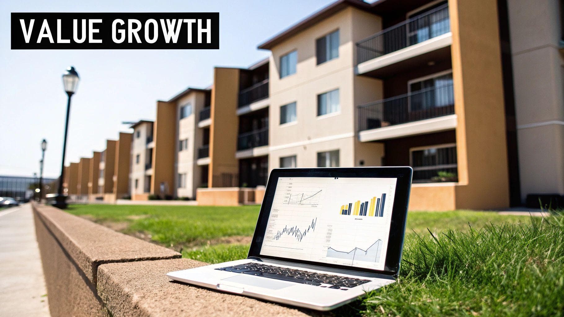 A laptop displaying financial charts on real estate value growth, with modern apartment buildings in the background.