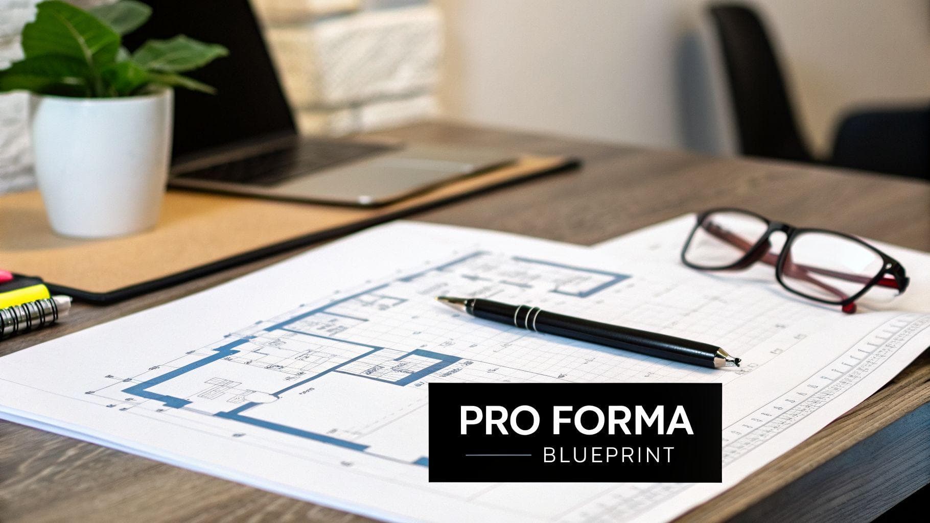 An office desk with a blueprint, pen, glasses, laptop, and plant, featuring 'PRO FORMA BLUEPRINT' text.