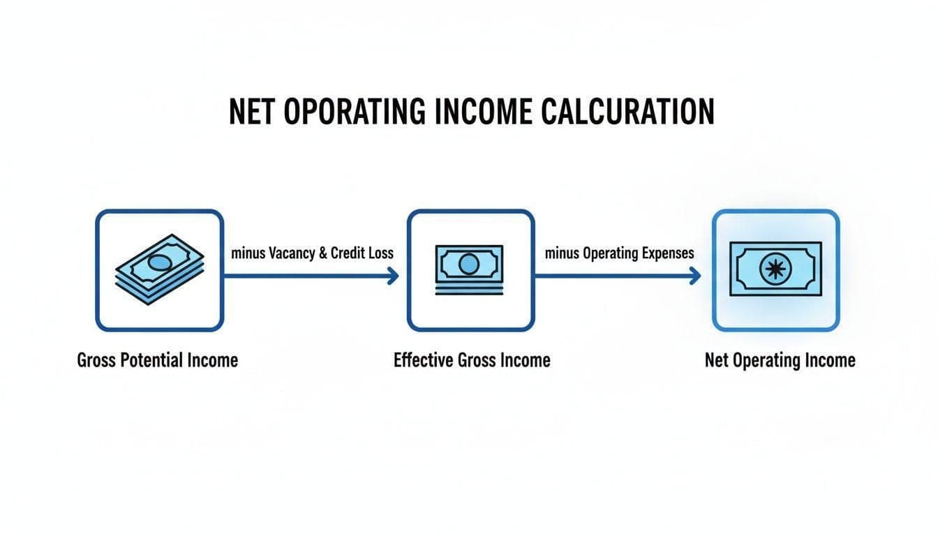 Flowchart detailing Net Operating Income calculation from Gross Potential Income, factoring in vacancy, credit loss, and operating expenses.