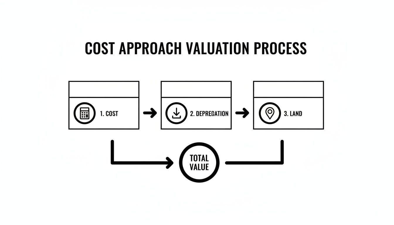 Diagram showing the Cost Approach Valuation Process steps: Cost, Depreciation, and Land, leading to Total Value.