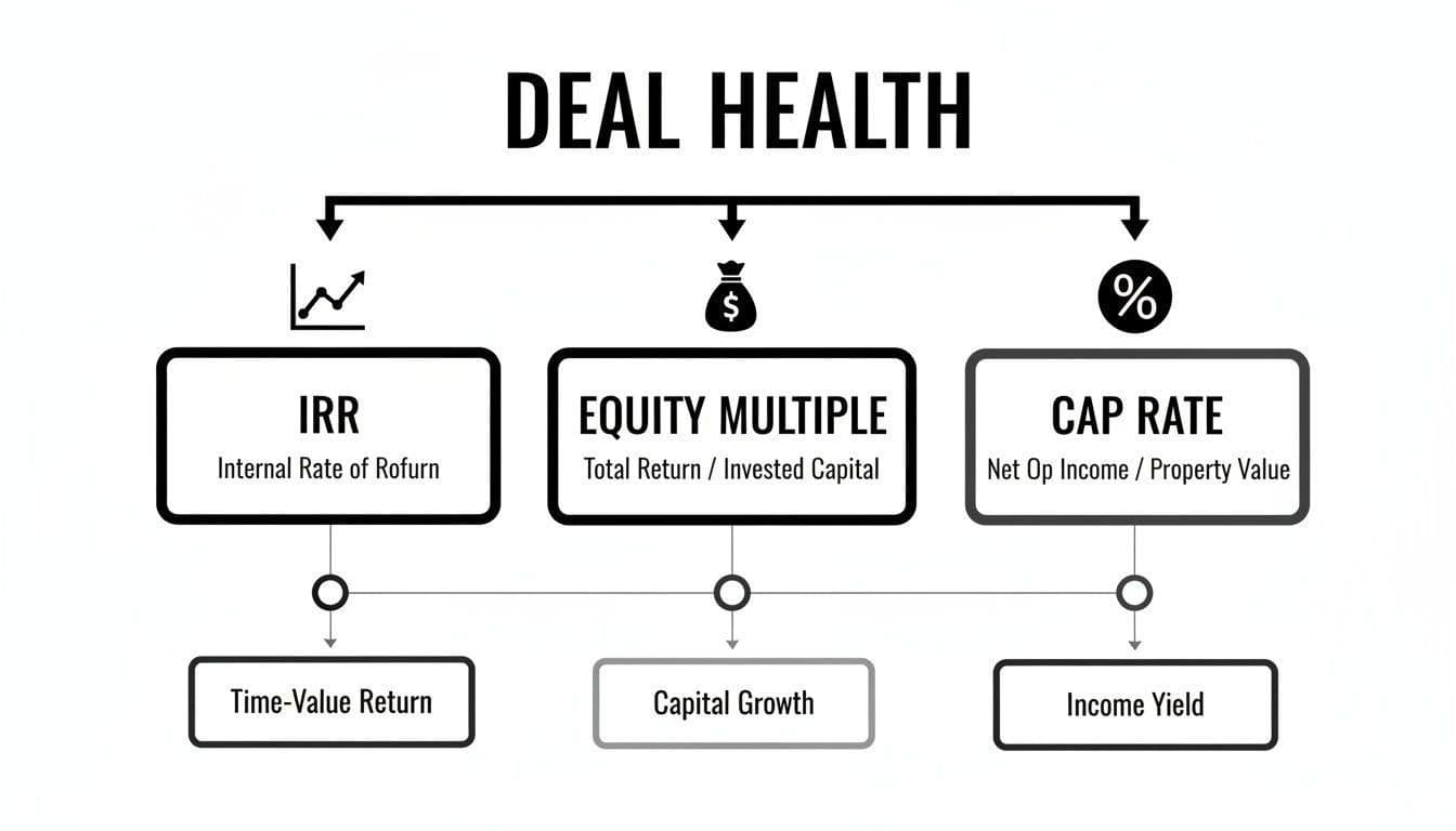 A flowchart illustrating real estate deal health using IRR, Equity Multiple, and Cap Rate metrics.