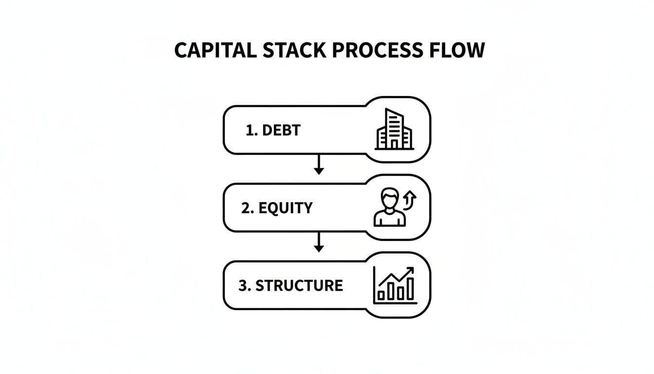 A capital stack process flow diagram illustrating steps for debt, equity, and structure.
