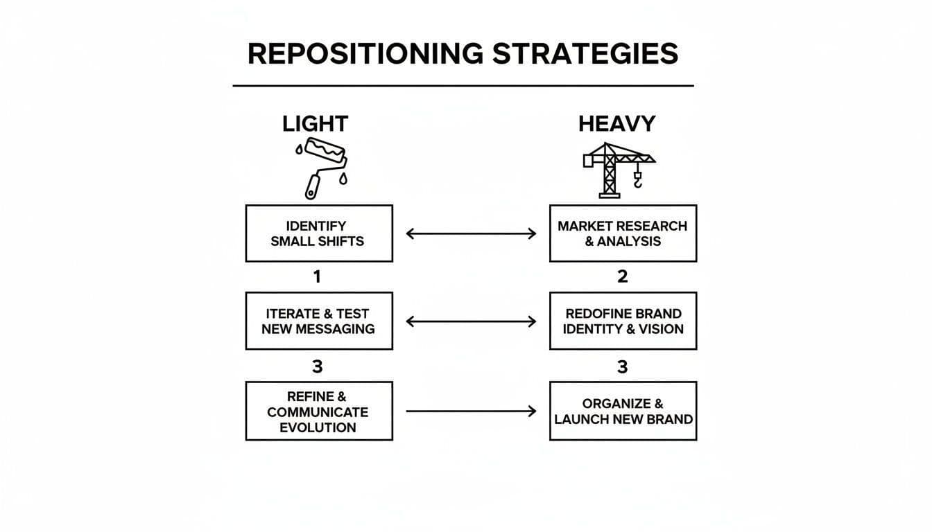 Repositioning strategies diagram comparing light (small shifts) and heavy (brand redefinition) approaches.