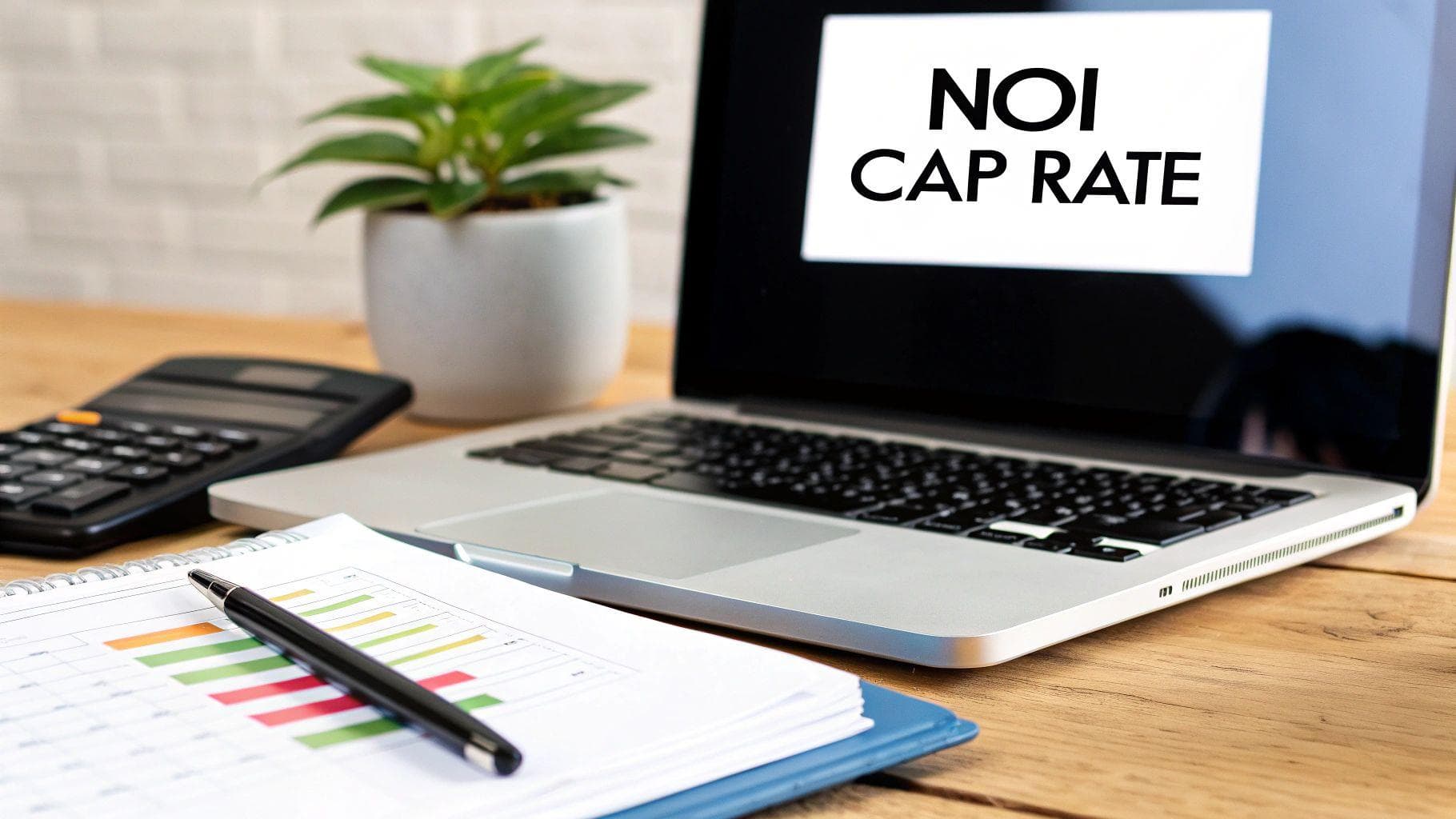 A laptop screen displaying 'NOI CAP RATE' next to a calculator and financial documents.