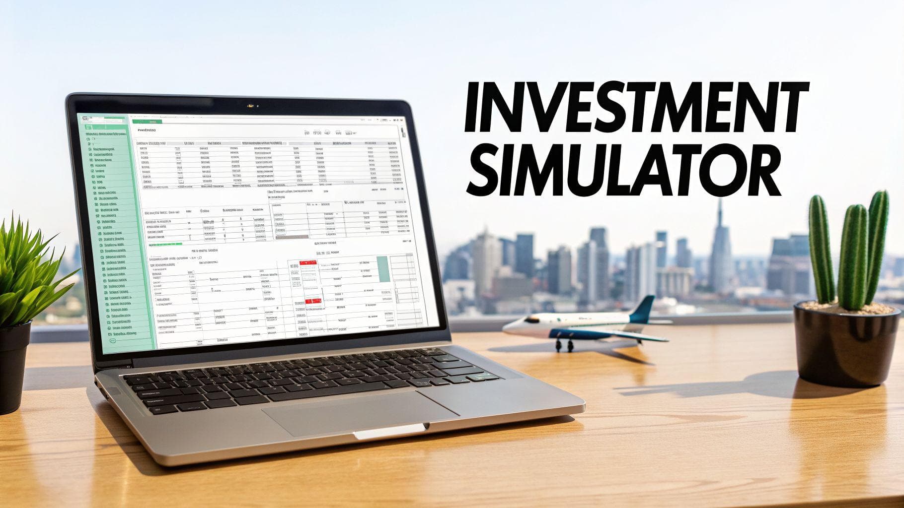 Laptop displaying 'INVESTMENT SIMULATOR' software, with a city skyline and model airplane.