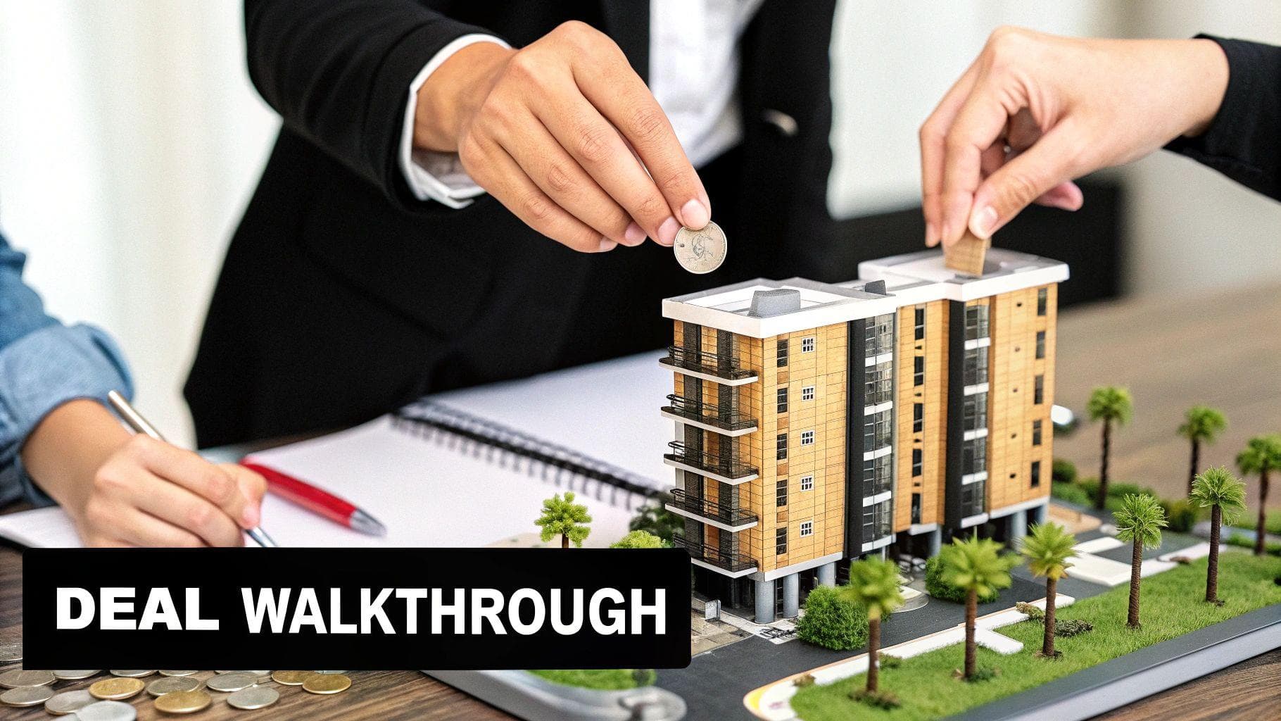 Hands placing money and blocks into a miniature building model during a real estate deal walkthrough.