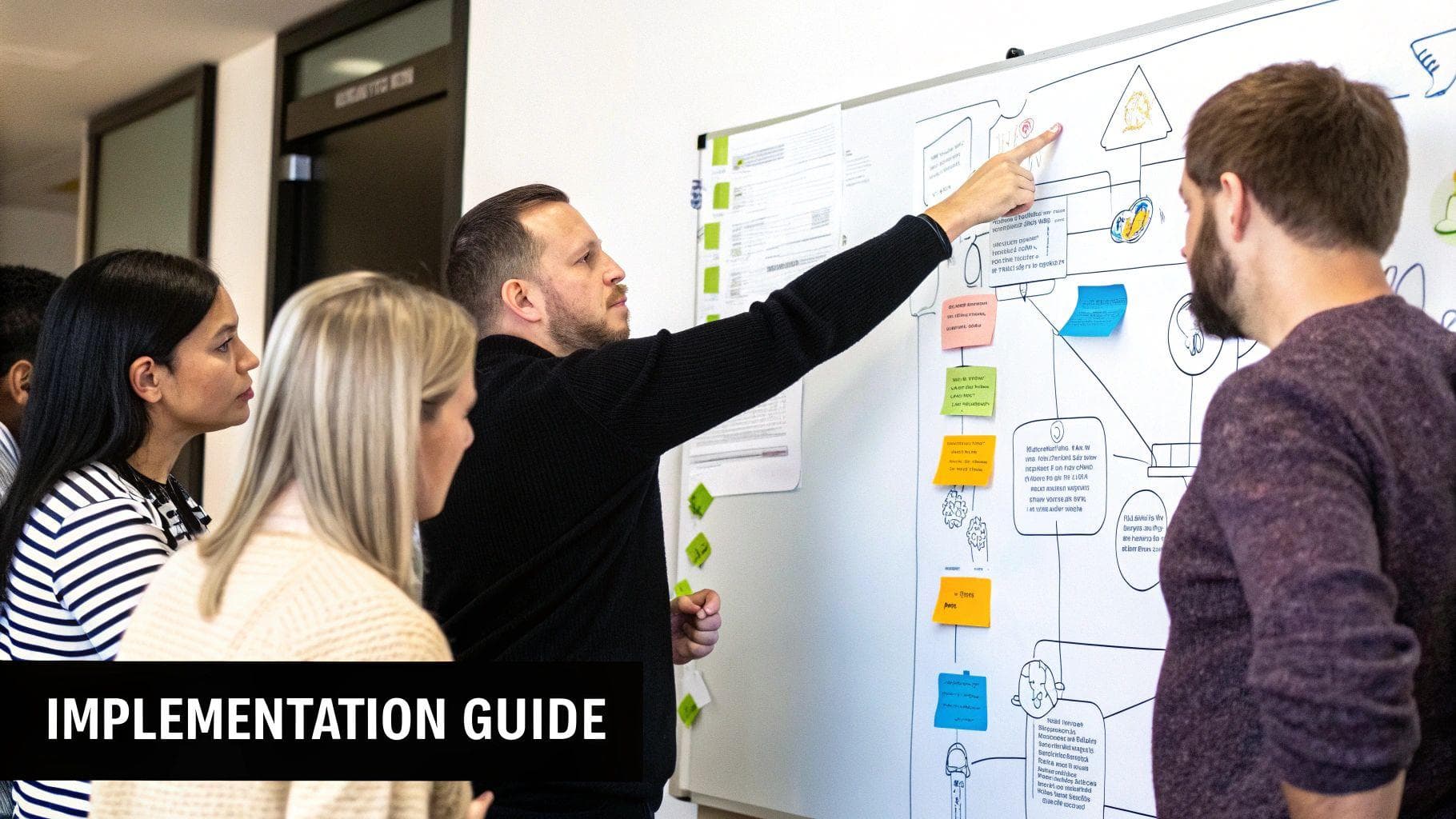 A person making a decision by looking at a flowchart on a whiteboard.