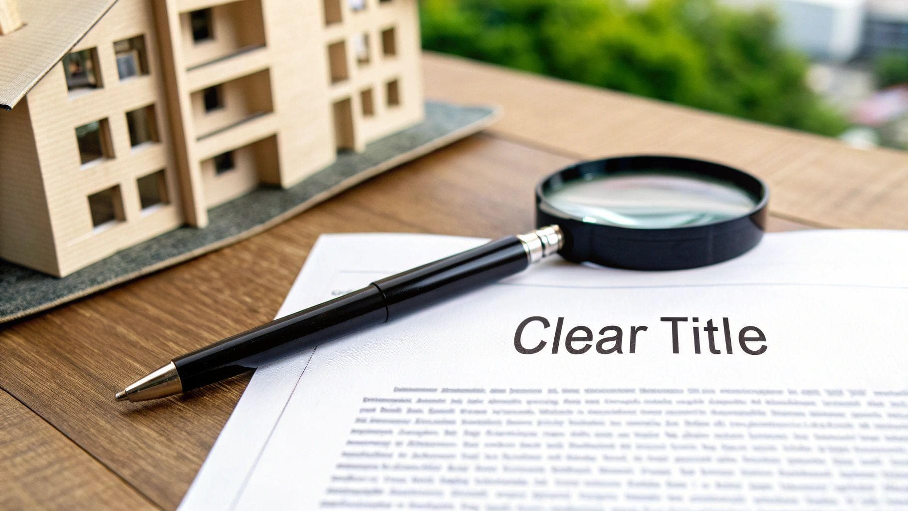 Miniature building model, pen, magnifying glass, and 'Clear Title' document for real estate.
