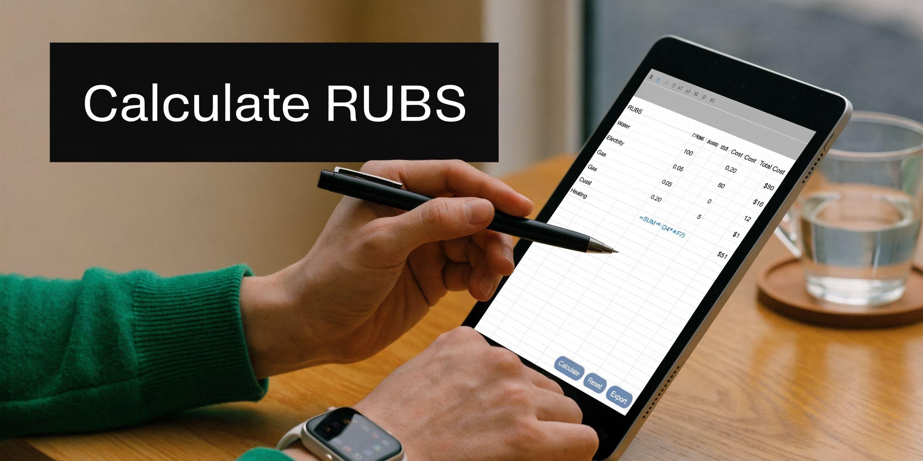 A person using a tablet to calculate a ratio utility billing system on a wooden table.