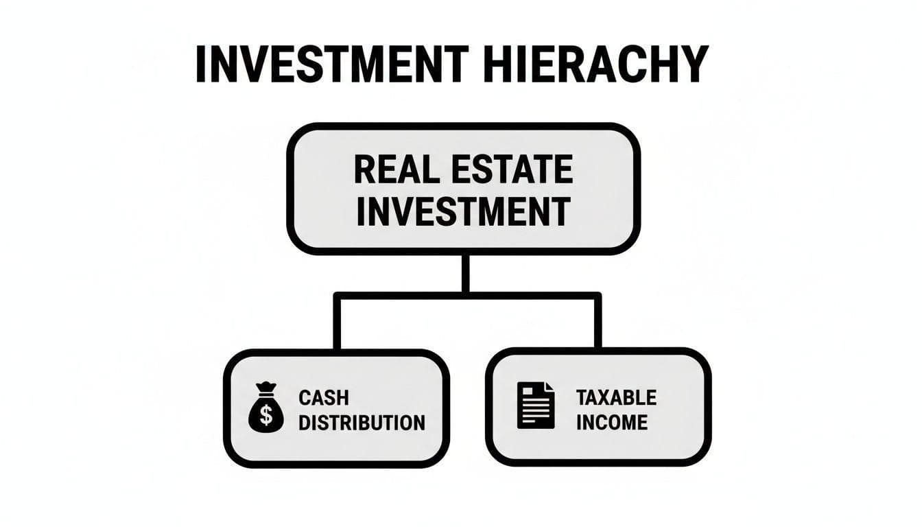 An investment hierarchy chart illustrating real estate investment leading to cash distribution and taxable income.
