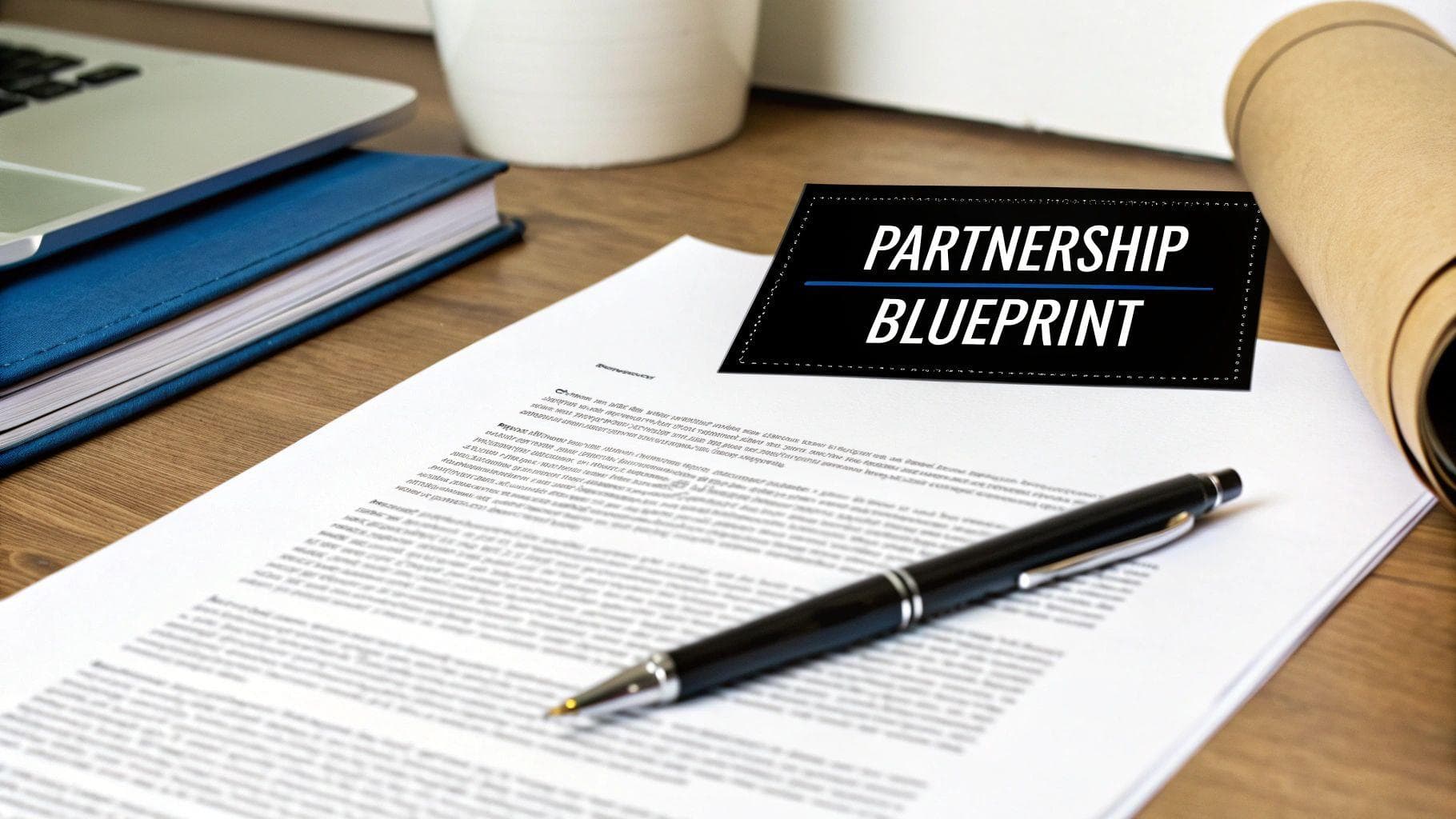 A 'Partnership Blueprint' document on a wooden desk with a pen, laptop, and papers.
