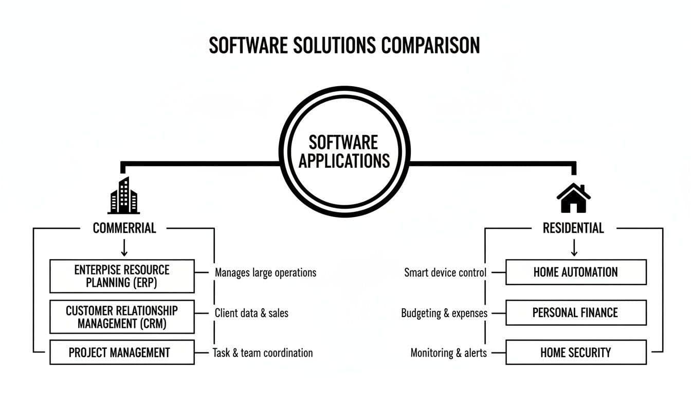 Diagram comparing commercial and residential software applications, including ERP, CRM, and home automation.