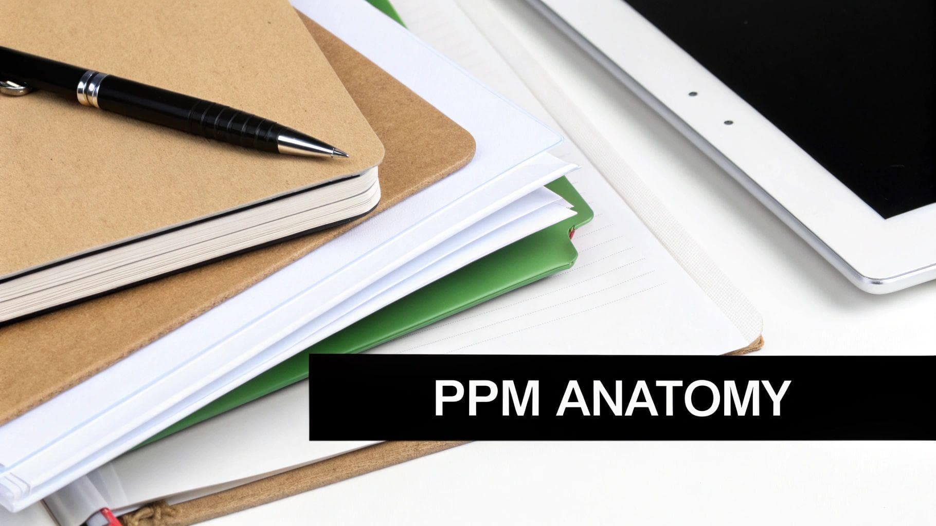 A pen rests on notebooks and papers, with a tablet nearby and 'PPM ANATOMY' text overlay.