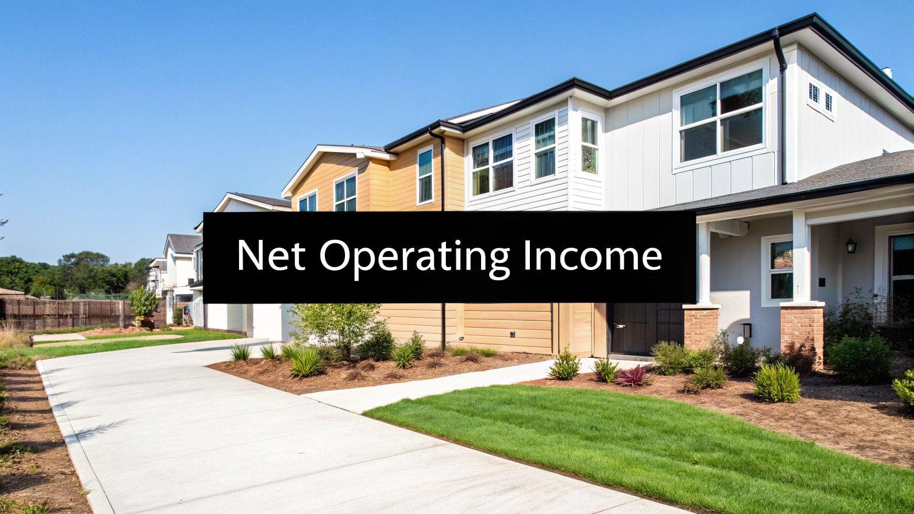 A row of modern houses with a black banner displaying 'Net Operating Income' text.