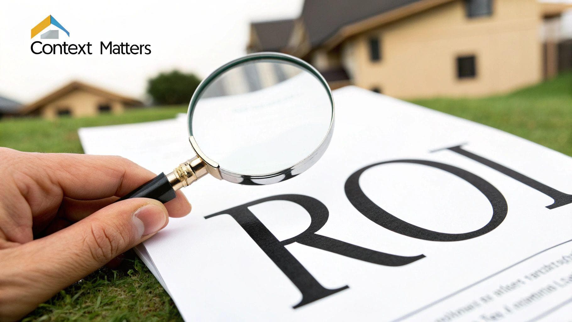 A hand uses a magnifying glass to examine 'ROI' on a document, with houses and grass in the background.