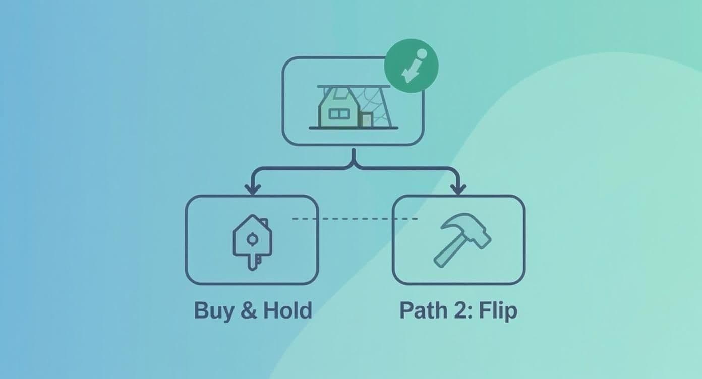 Diagram illustrating real estate investment strategies: 'Buy & Hold' and 'Path 2: Flip' options.