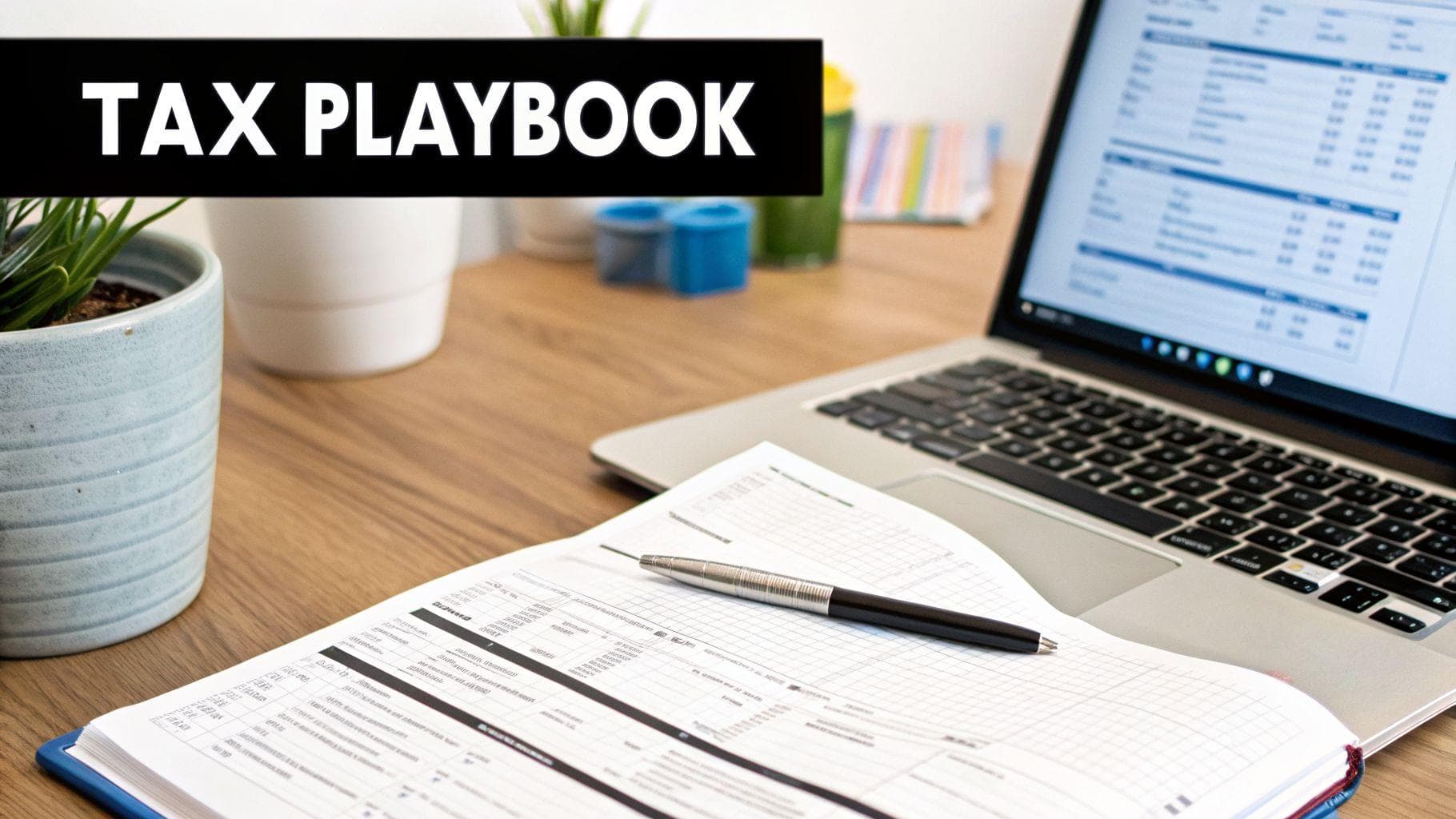 A desk with a laptop displaying financial data, an open notebook with a pen, and plants, featuring 'TAX PLAYBOOK' text.