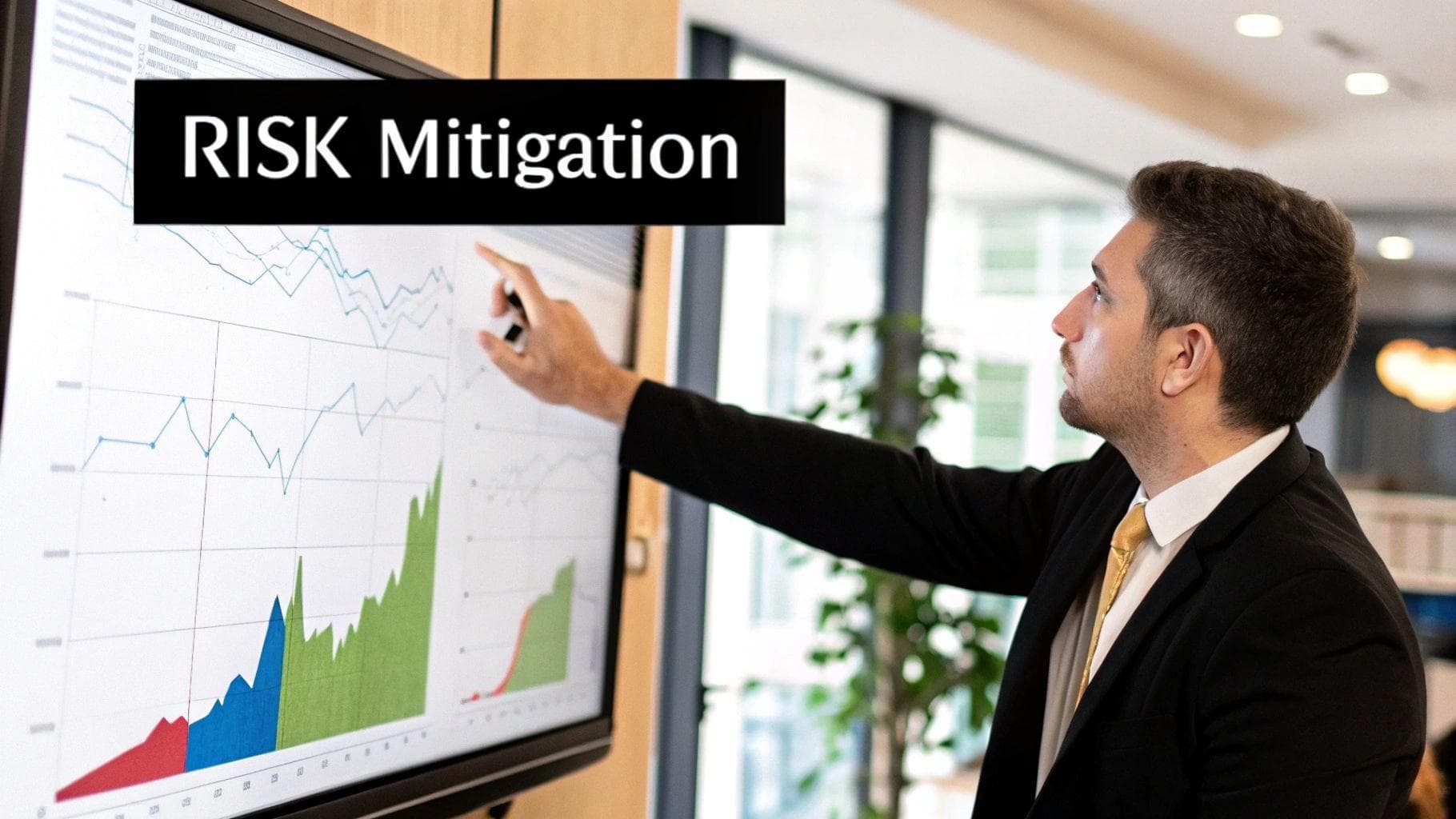 A modern glass building reflecting a stock market ticker, symbolizing the intersection of real estate and public markets.