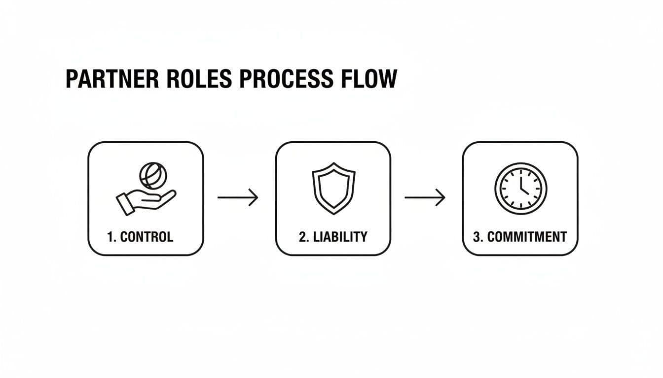 A process flow diagram illustrates partner roles, starting with control, then liability, and finally commitment.
