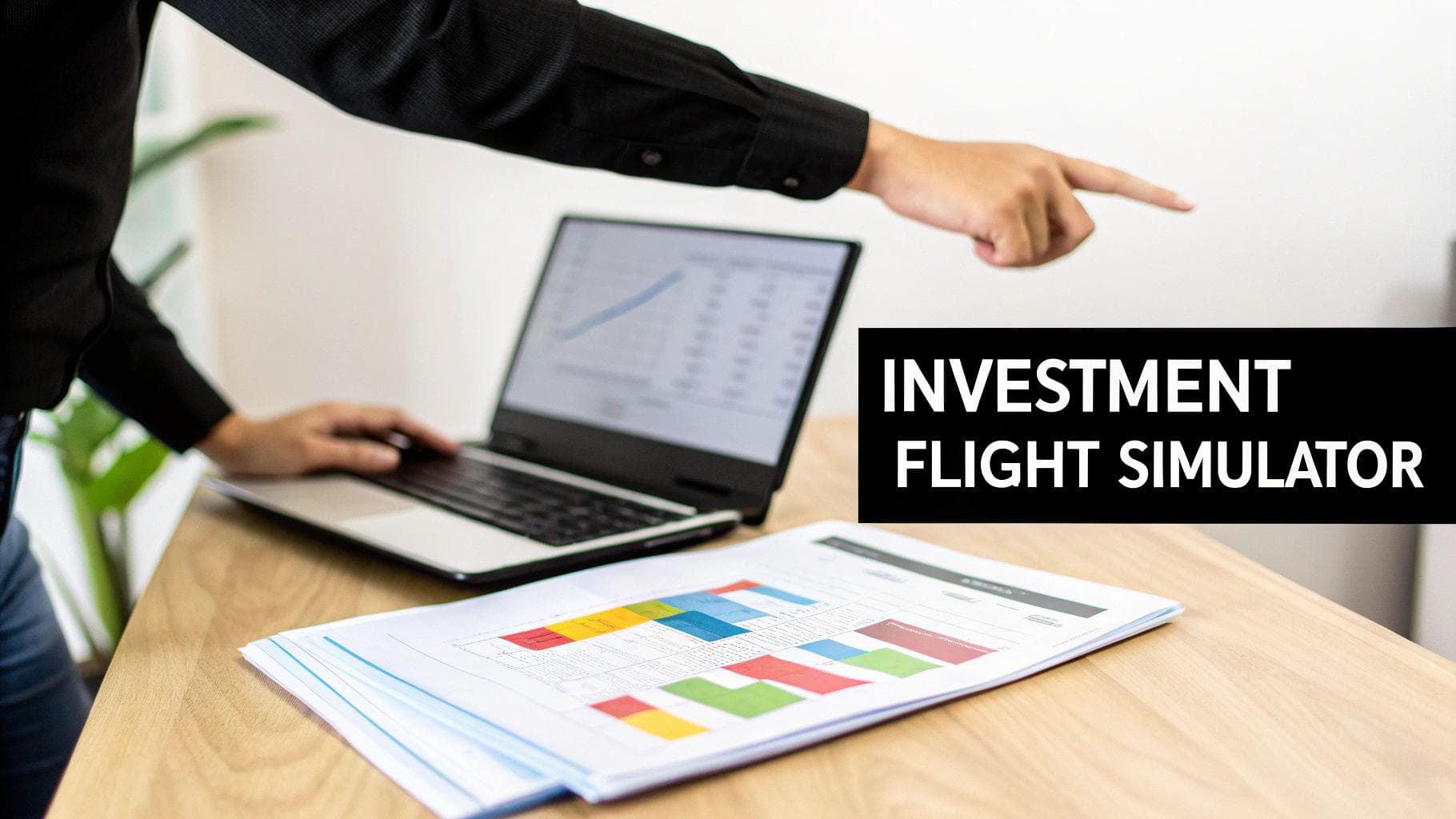 A business person points towards an "INVESTMENT FLIGHT SIMULATOR" text, with a laptop and financial documents on a desk.