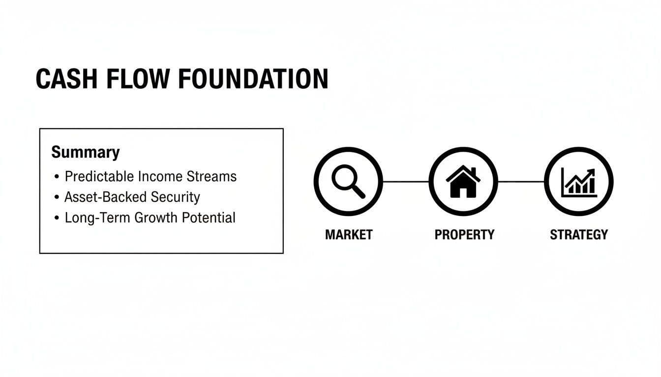 Diagram illustrating Cash Flow Foundation with a summary and three pillars: Market, Property, and Strategy.