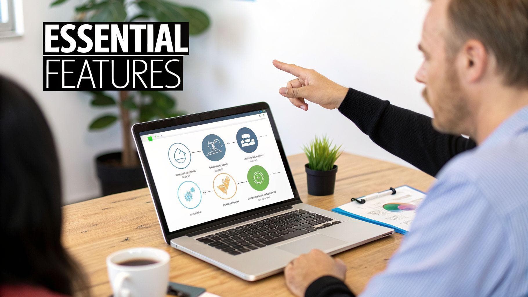 Two colleagues discuss essential software features on a laptop, with one pointing at screen icons.