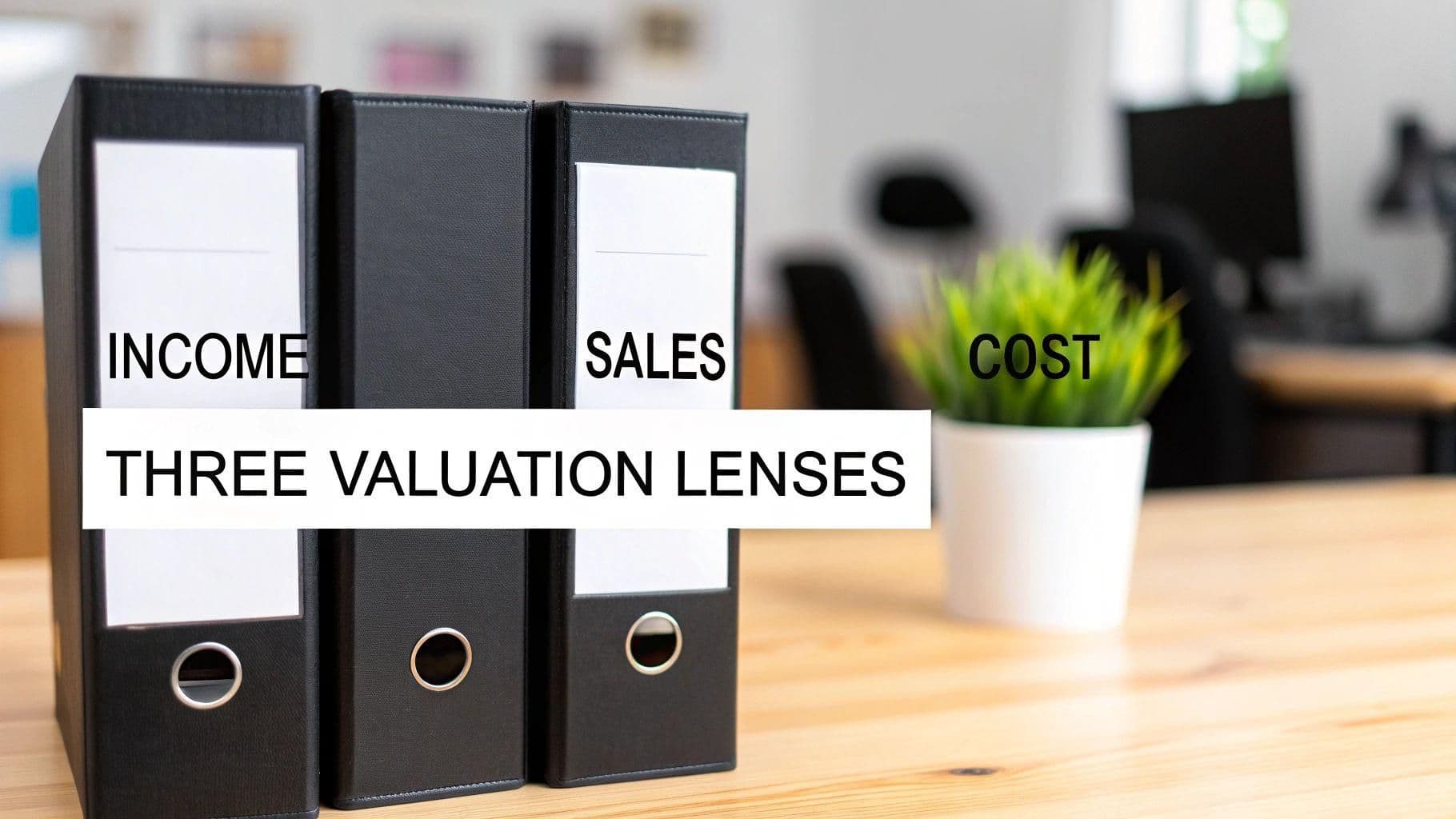 Three black binders labeled Income, Sales, Cost, alongside 'Three Valuation Lenses' text on a desk.