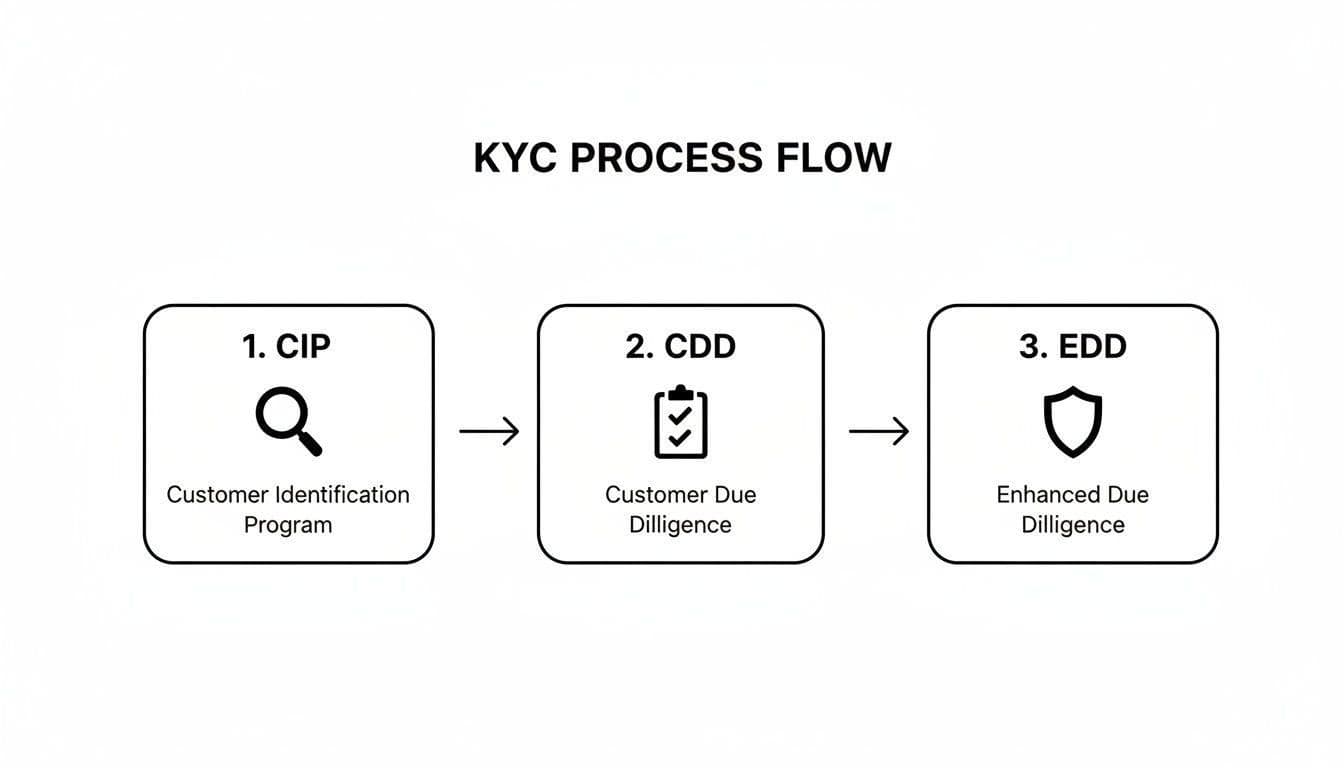 A flowchart illustrating the Know Your Customer (KYC) process flow, showing CIP, CDD, and EDD steps.