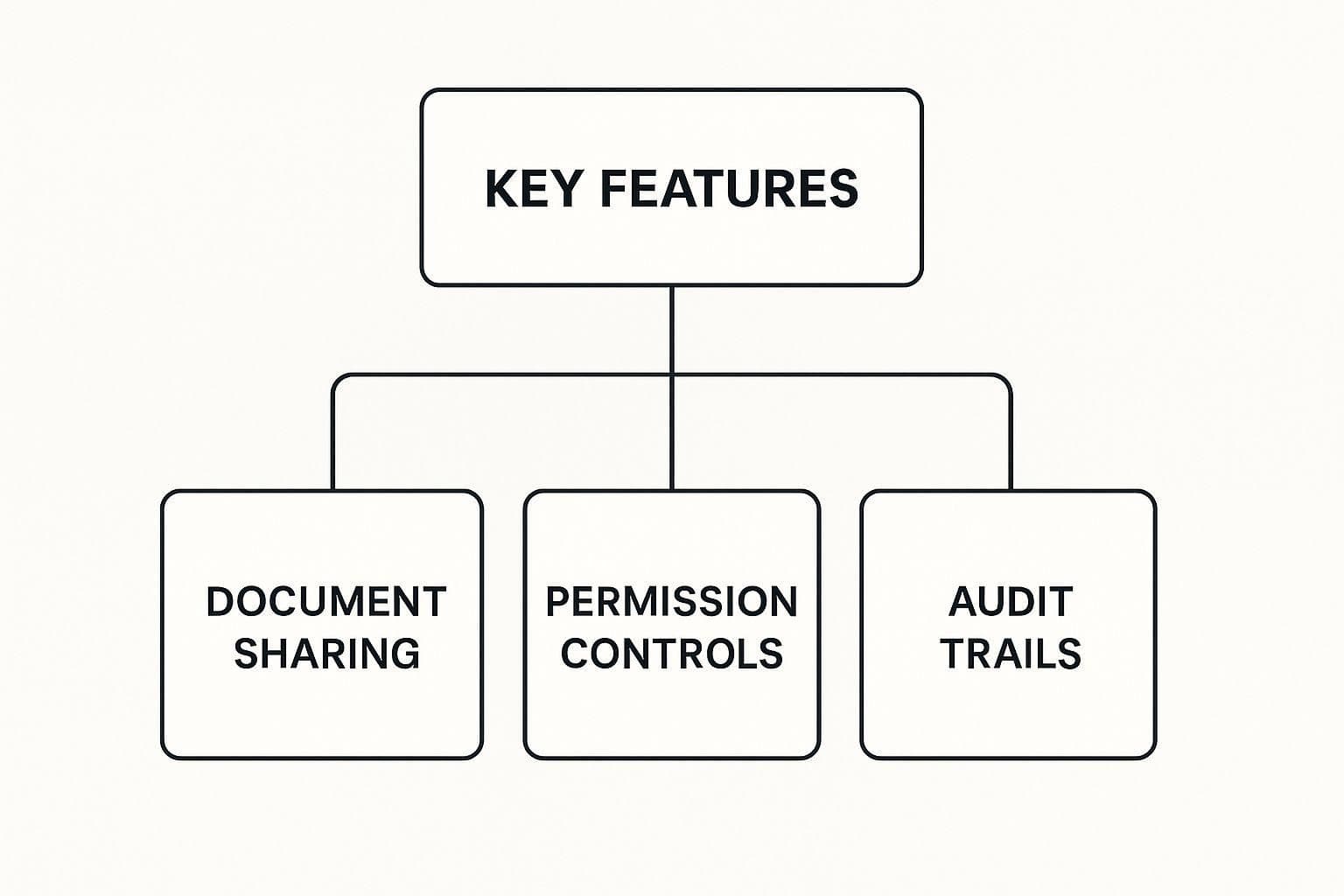 Infographic showing a hierarchy diagram with 'Key Features' at the top, branching into 'Document Sharing', 'Permission Controls', and 'Audit Trails'.