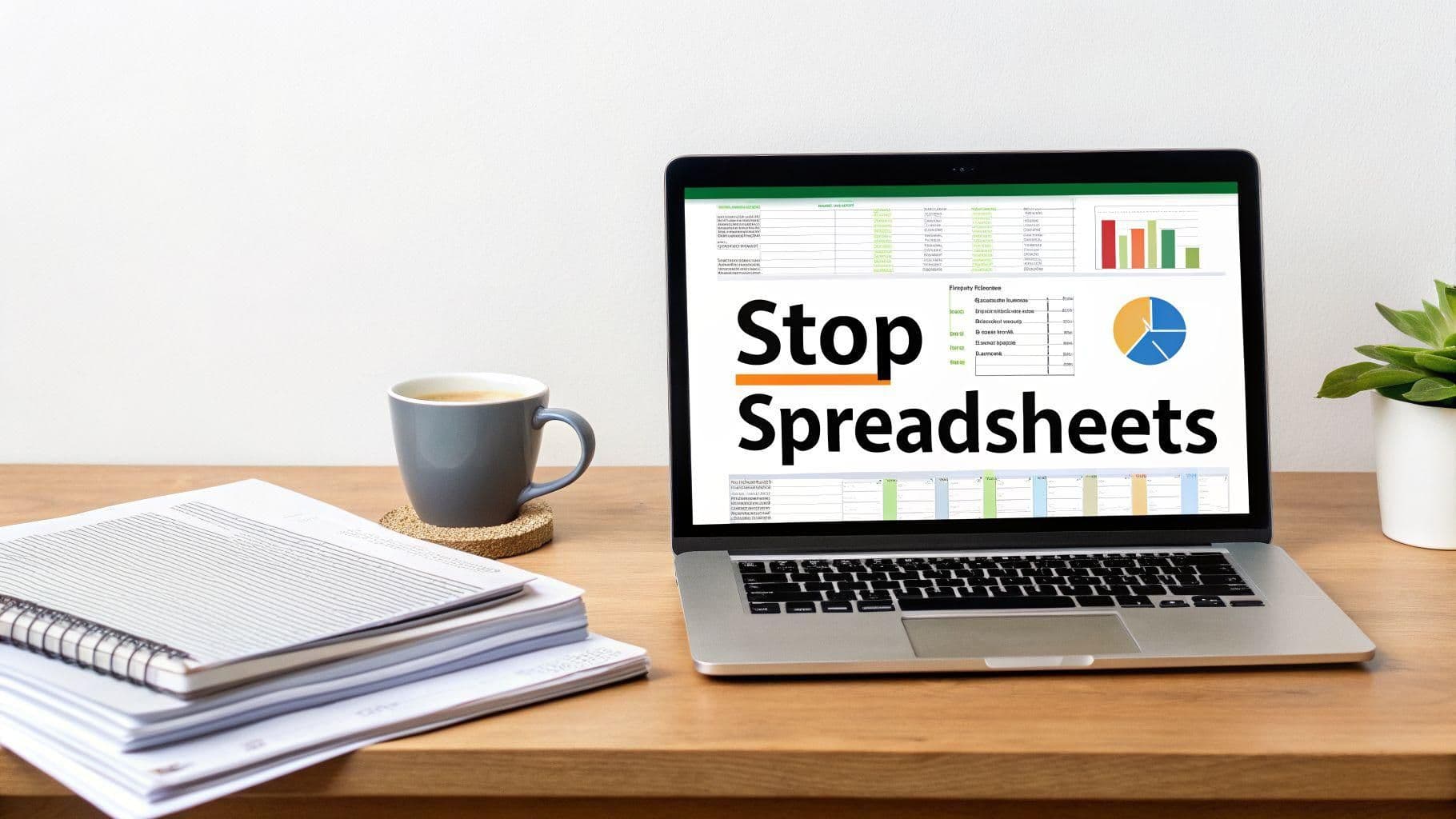A modern workspace with a laptop displaying 'Stop Spreadsheets' alongside documents and coffee.