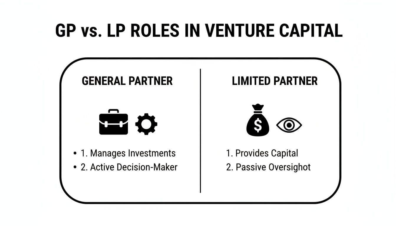 Infographic comparing General Partner and Limited Partner roles in venture capital, detailing their responsibilities.