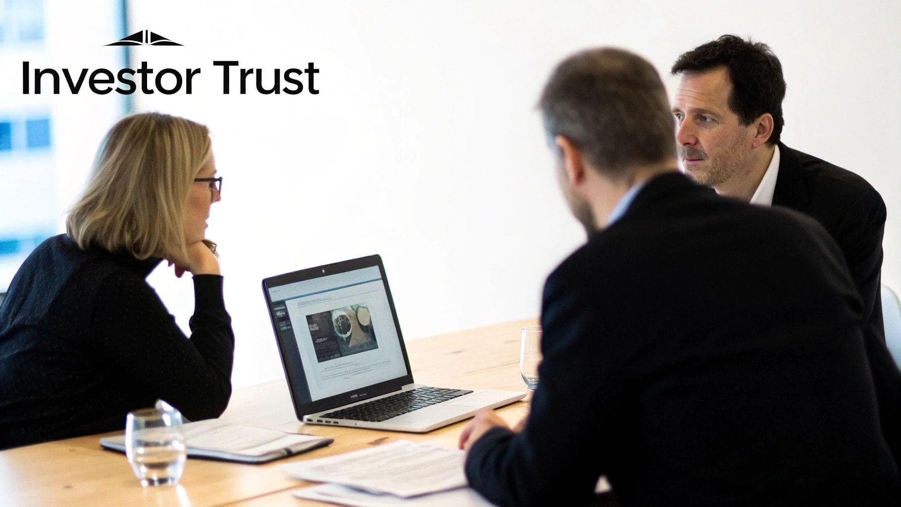 Three business professionals, including two men and a woman, collaborate around a laptop.