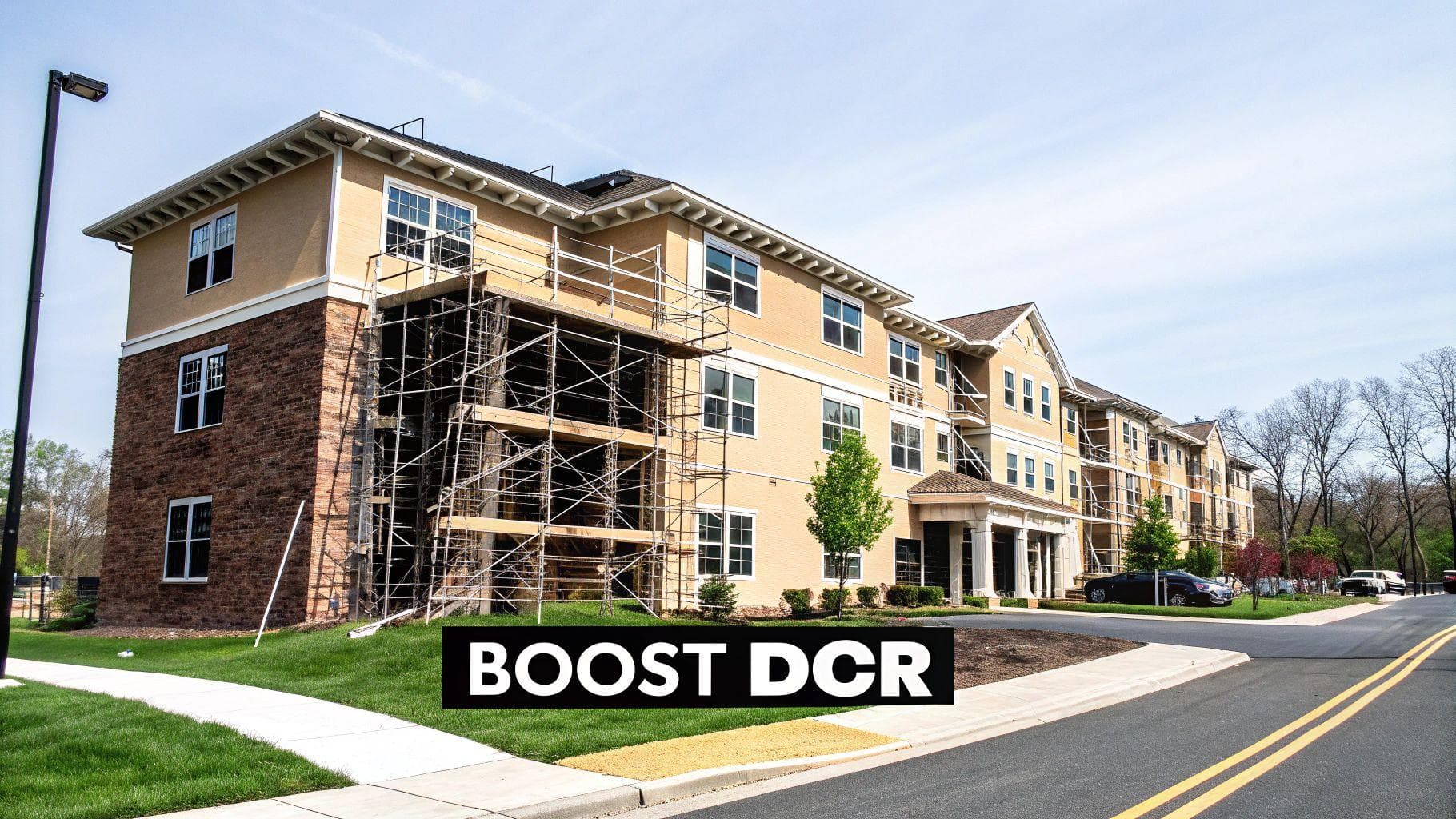 A large apartment building under construction with scaffolding, a street, sidewalk, and green grass on a sunny day.