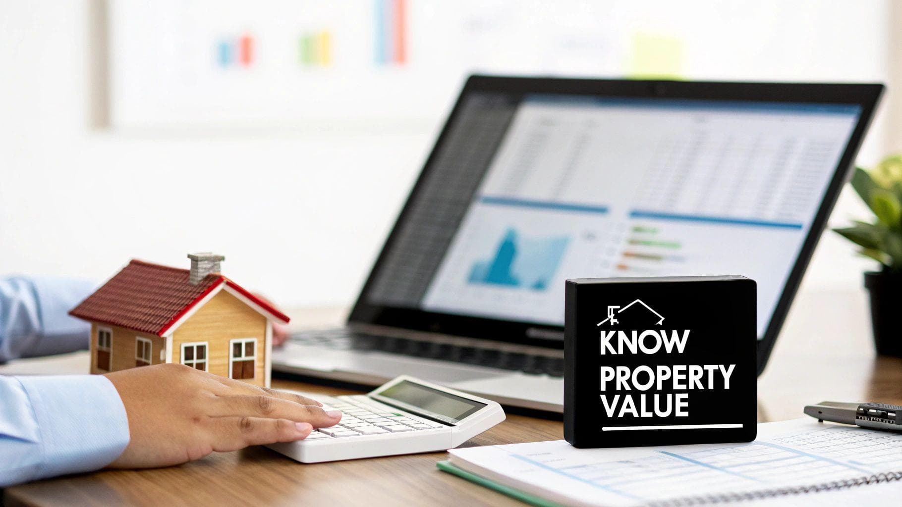 A person holding a small house model in front of a real house, symbolizing valuation.