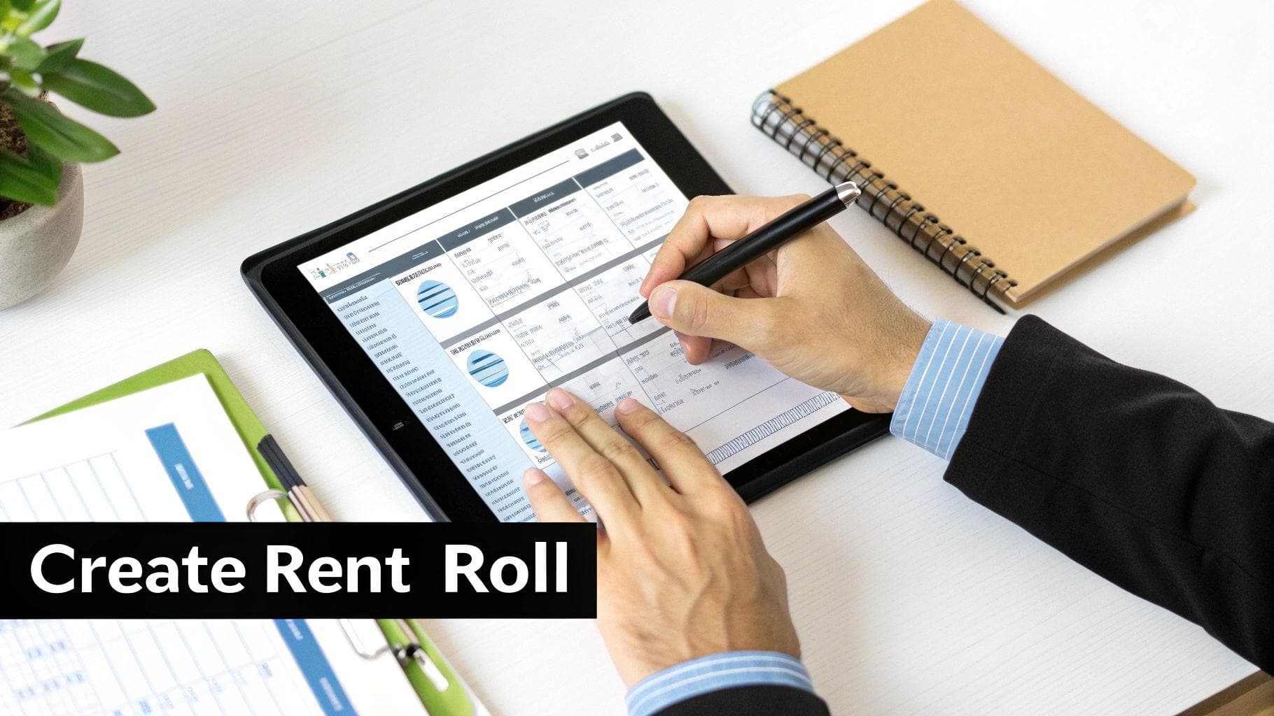 Businessman creating a rent roll on a tablet with a stylus, surrounded by office supplies on a white desk.