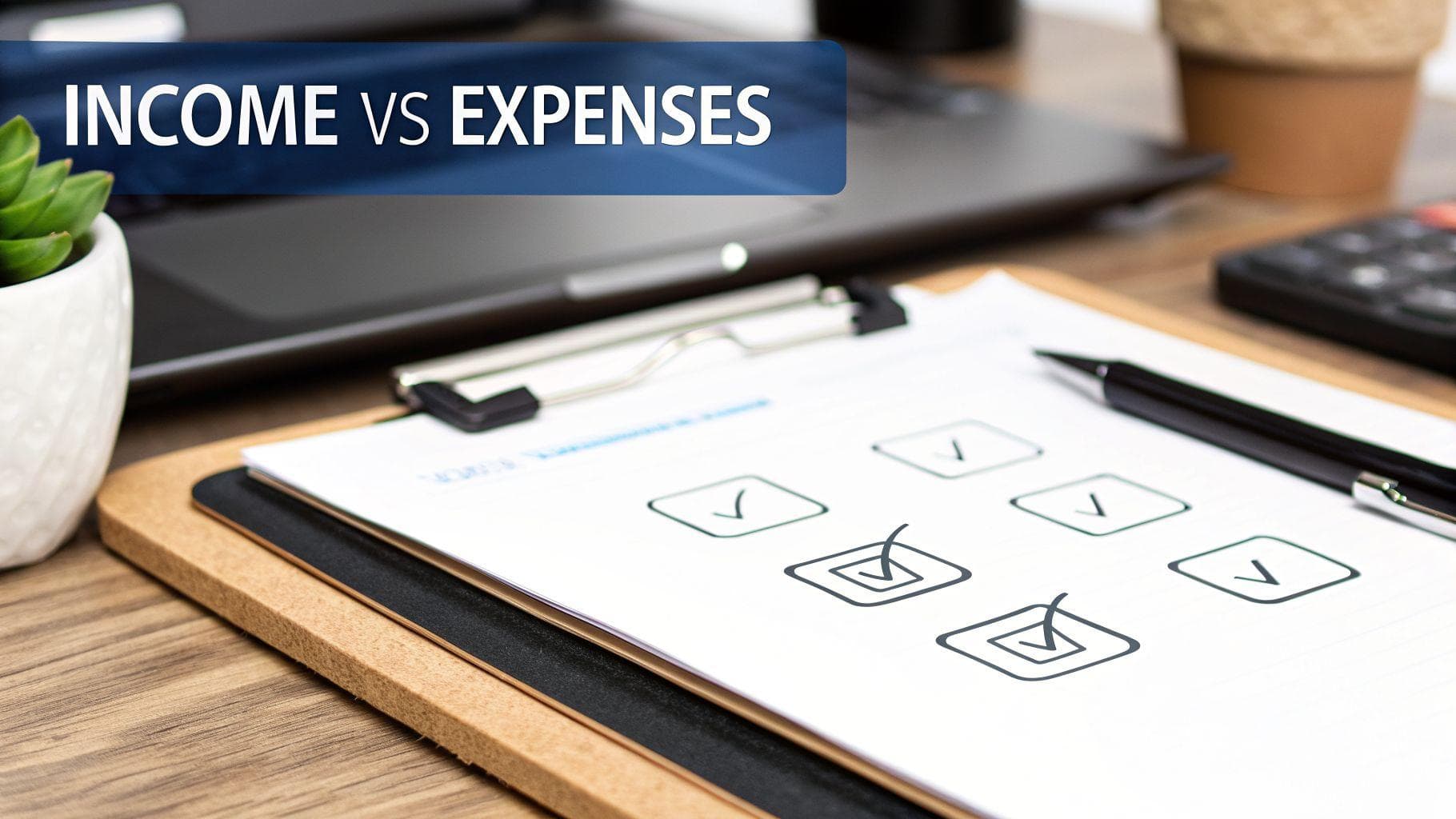A desk with a checklist, pen, calculator, and a banner saying 'Income vs Expenses' for financial planning.