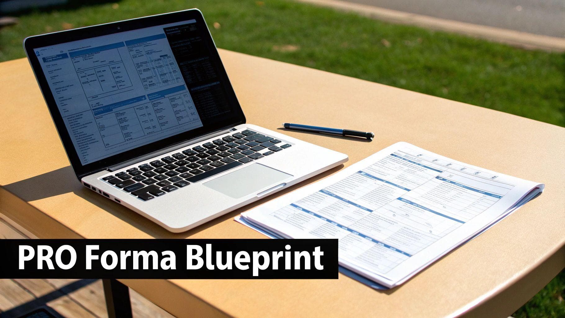A laptop, pen, and stack of papers with blue and white financial blueprints on a table outdoors.