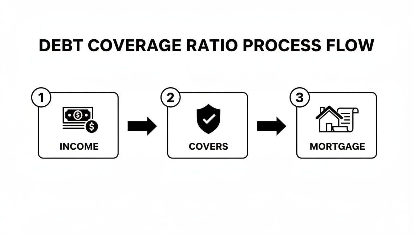 A debt coverage ratio process flow diagram showing steps: Income (money icon), Covers (shield icon), and Mortgage (house icon).