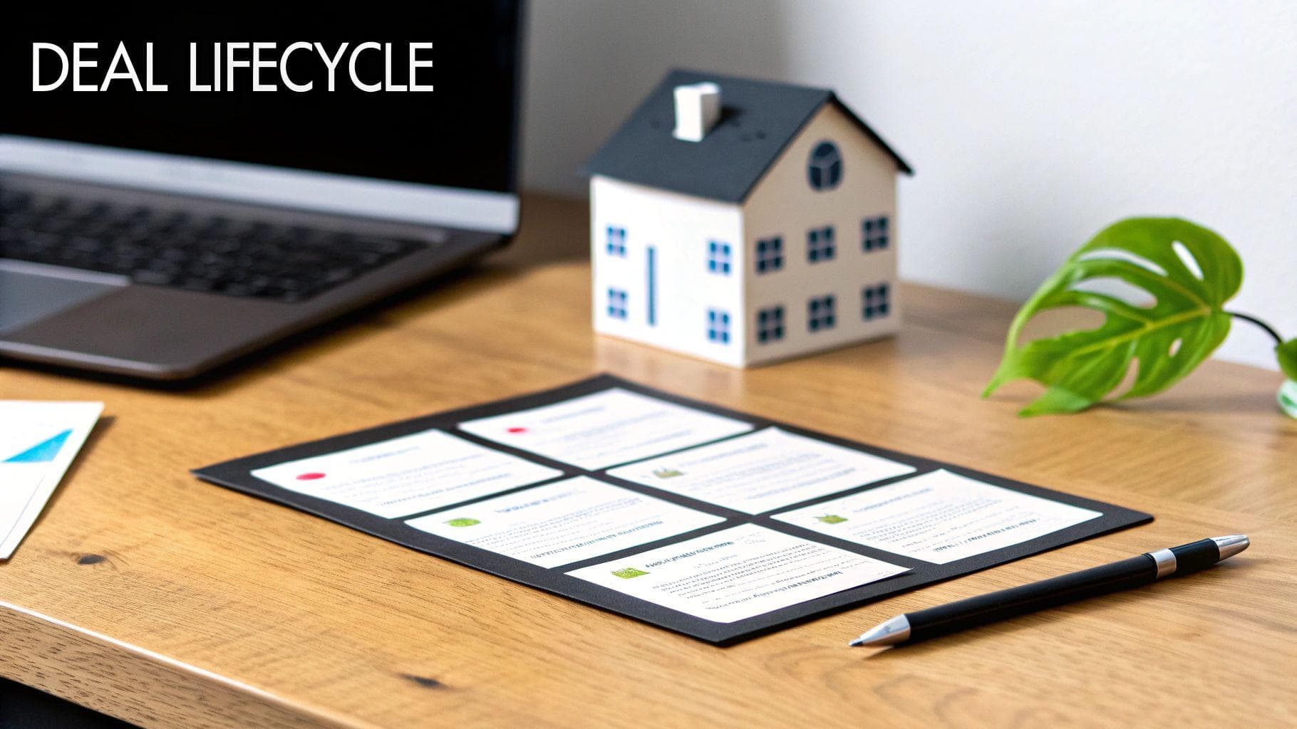 A desk with a laptop displaying 'DEAL LIFECYCLE', a miniature house, and a document outlining deal stages.