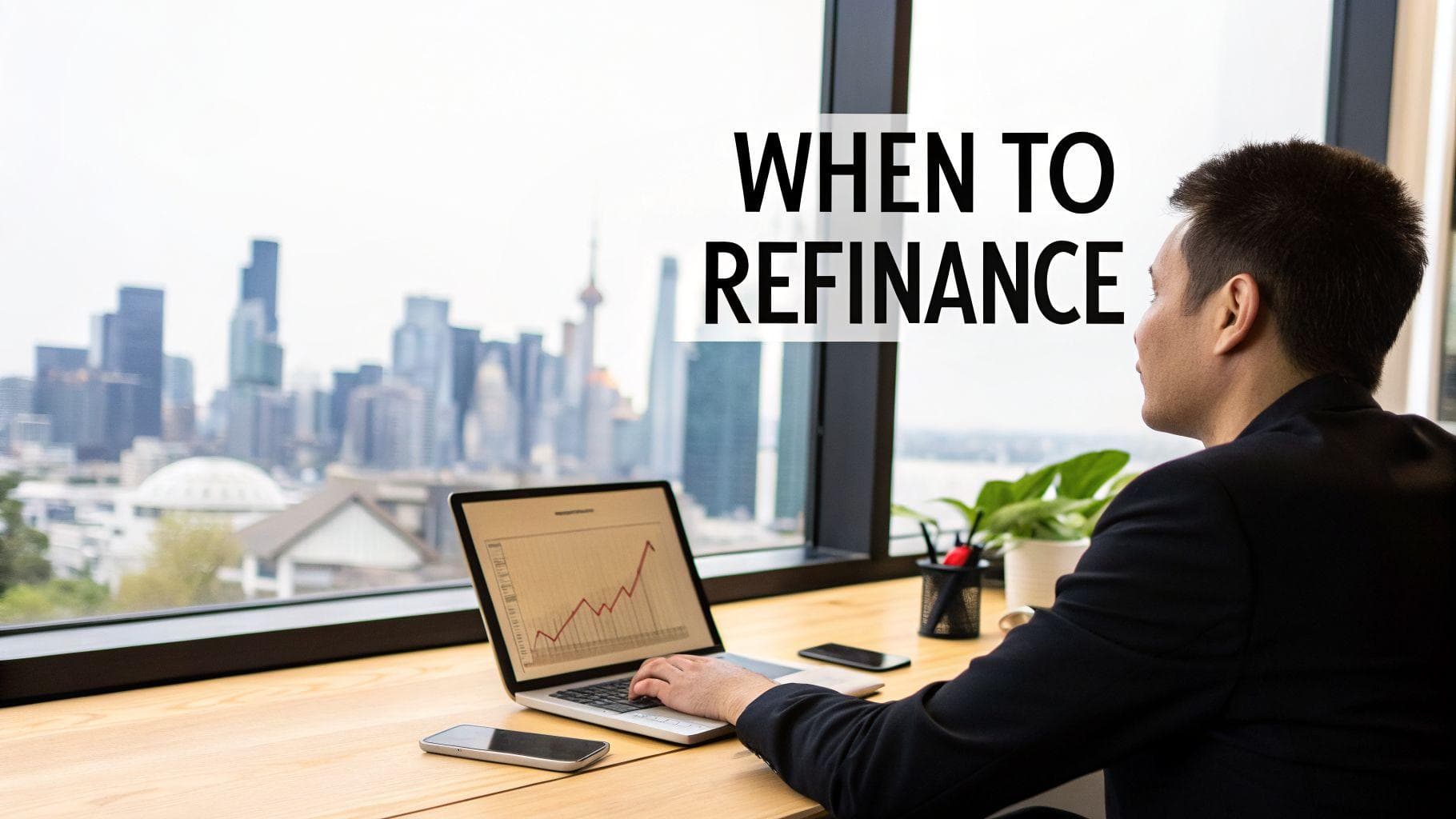 A man in an office looks at a city view while using a laptop displaying a financial graph. Text: "WHEN TO REFINANCE".