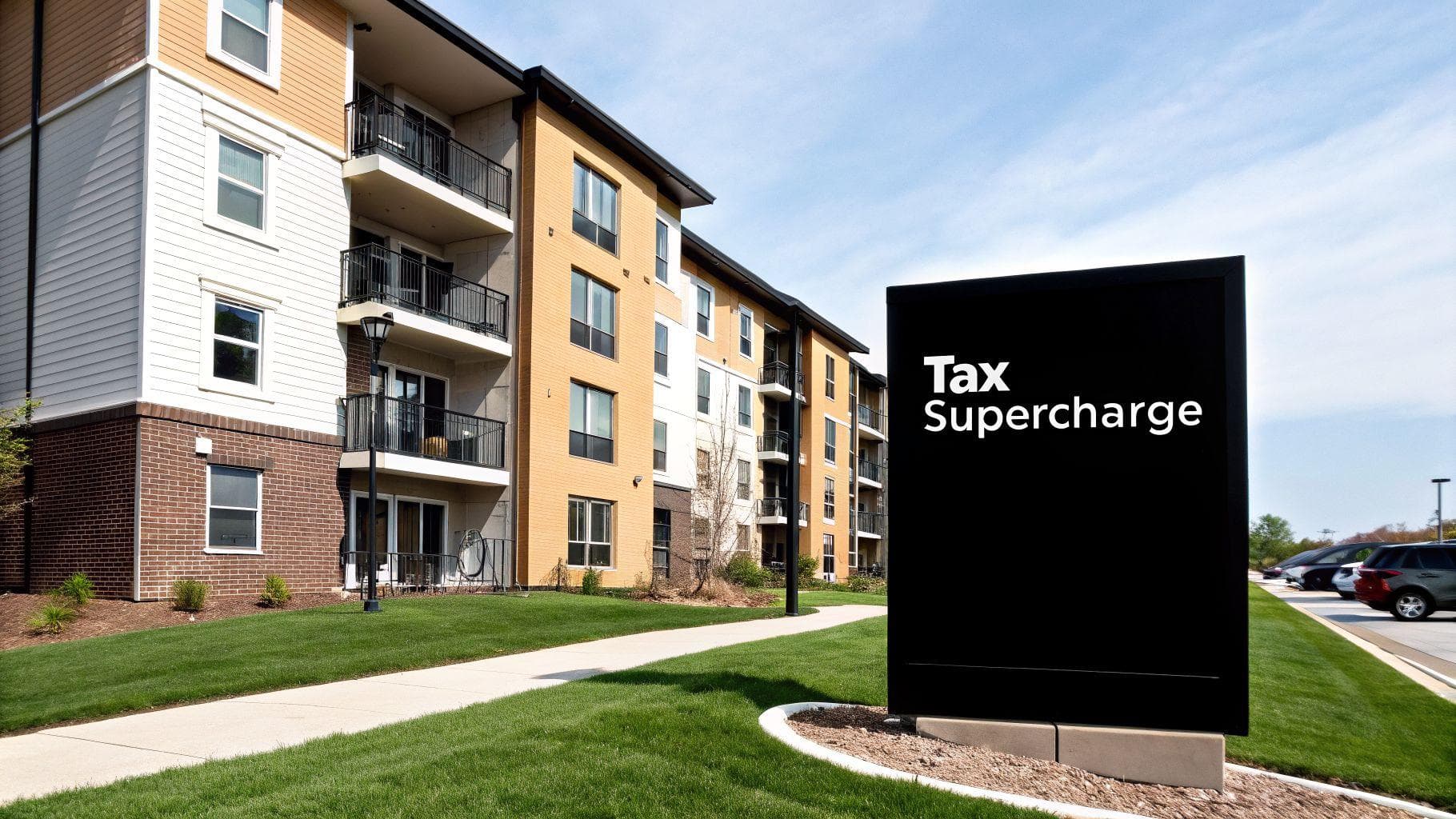 A modern apartment building with a lush green lawn and a prominent black sign displaying 'Tax Supercharge'.